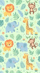 Naklejka premium Seamless Safari Animals Pattern with Lion Elephant Giraffe Monkey