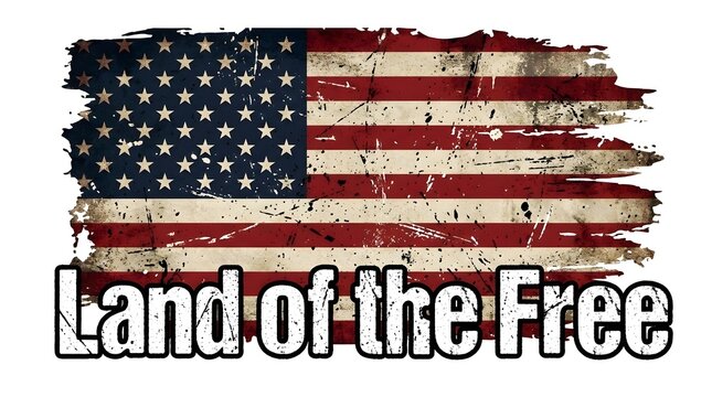 American flag with a distressed texture serves as a patriotic backdrop for the bold text message declaring the United States of America as the land of the free.