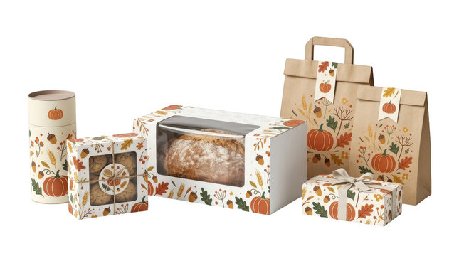 Collection of autumnthemed food packaging including boxes, bags, and a tube isolated on transparent background