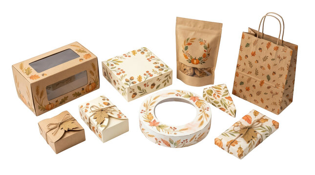 Set of fallthemed packaging materials with autumn leaves and pumpkins isolated on transparent background