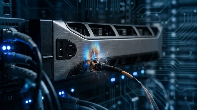 Overheated server rack catching fire with sparks and smoke in a modern data center.
