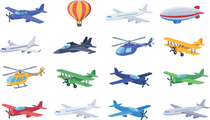 Isometric Aircraft and Aviation Icon Set Featuring Passenger Airplanes Military Jets Helicopters Biplanes Hot Air Balloon and Blimp Vector Graphics for Travel and Flight Simulator Designs © MstMonira