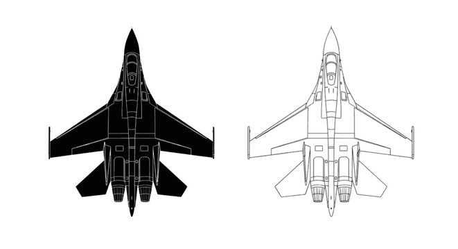 Vector illustration of top view silhouette and line art of a modern twinengine fighter jet on a transparent background