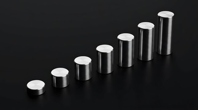 A conceptual bar graph featuring metallic cylinders of increasing height as professional skill level indicators representing growth and achievement.