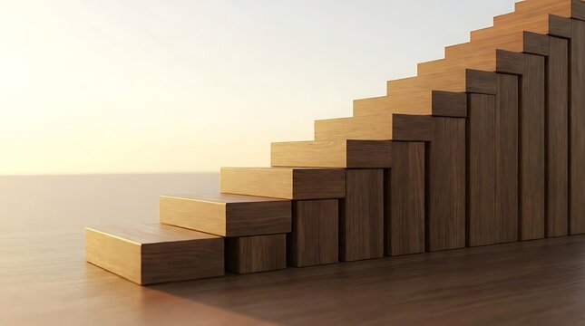 A conceptual wooden staircase design serving as skill level indicators representing progress growth development achievement and success in a business career