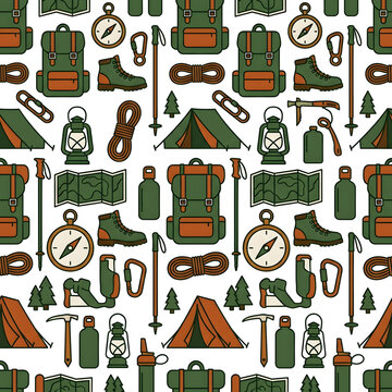 Seamless pattern of vintage travel and adventure icons collection.