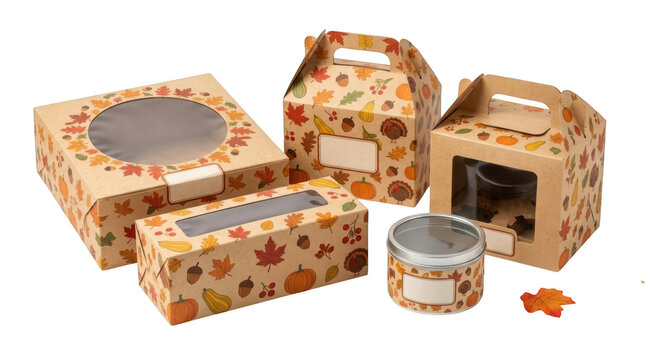 Set of thanksgiving themed cardboard bakery boxes and a round tin container with autumn leaf, pumpkin, and turkey patterns isolated on transparent background