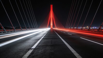 Fototapeta premium Symmetrical Night View of Illuminated Red Suspension Bridge with Long Exposure Light Trails and Dramatic Urban Architecture