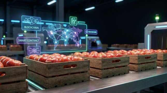 Blockchain HUD over tomato sorting line, smart global food supply chain logistics.