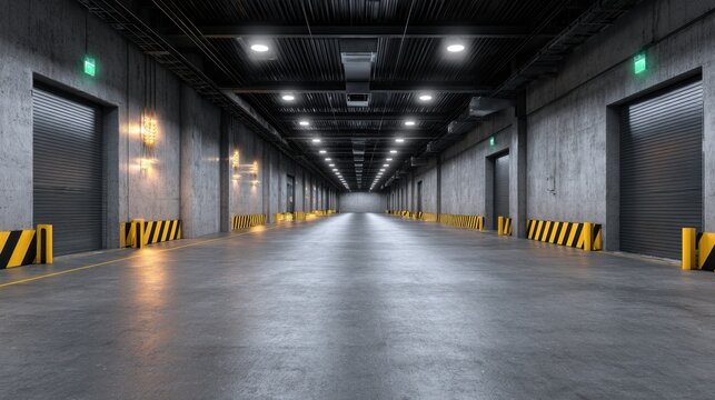 Modern industrial warehouse interior featuring concrete walls, roller doors, and bright lighting in a spacious, empty environment for storage solutions
