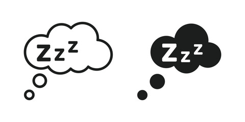 Obraz premium Dream Bubble Iconography. A set of two thought bubbles, one outlined and one filled in black, both displaying the iconic Zzz to symbolize sleep or dreams.