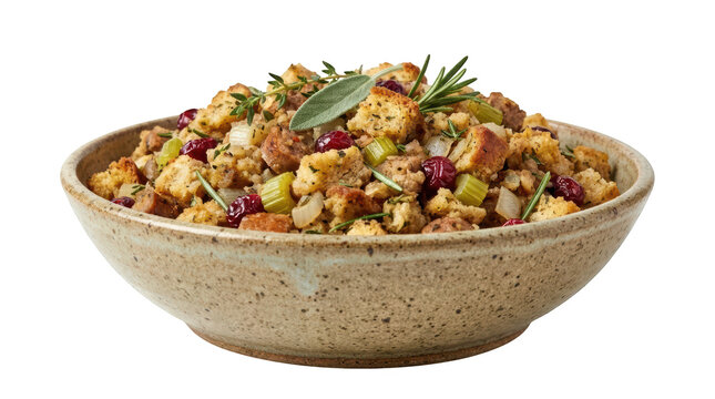 A rustic ceramic bowl filled with savory thanksgiving stuffing featuring bread cubes, cranberries, celery, onions, and fresh herbs isolated on transparent background