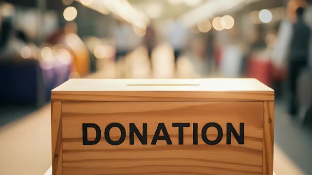 A simple wooden donation box sitting on a table designed to collect financial contributions from people who want to support a charitable cause or project