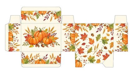 Fototapeta premium Fall autumn pumpkin and leaves gift box template isolated on transparent background