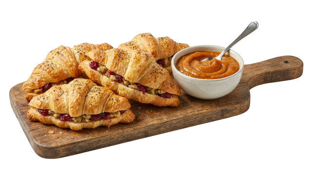 Three croissant sandwiches filled with cranberry and stuffing served with a side of gravy on a wooden cutting board isolated on transparent background