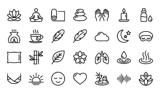 Relaxation web thin line vector icon set featuring meditation yoga spa mindfulness and peaceful lifestyle symbols isolated on white background