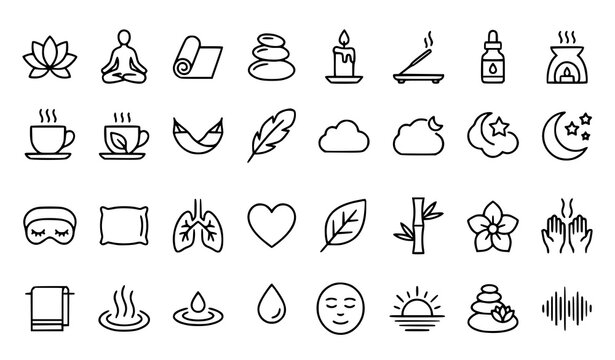 Relaxation thin line icon set with meditation yoga spa mindfulness and wellness outline symbols isolated on white background