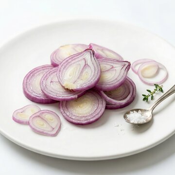 sliced red onions and a spoonful of salt on a white plate