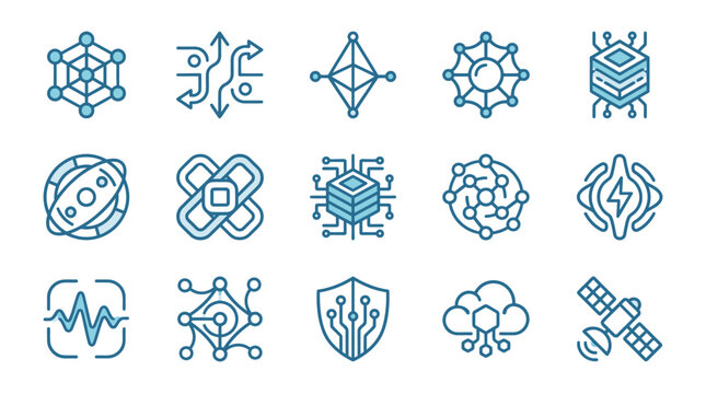 Futuristic blue tech and networking line icons.