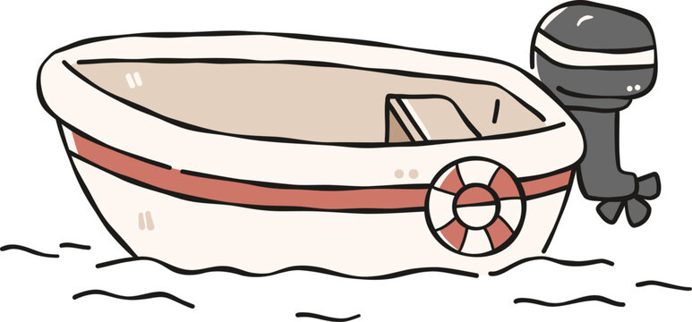 Small dinghy rowboat with outboard motor Clipart, Cute Nautical Ocean Marine Vector, Hand Drawn flat color Kids Nursery Sublimation Graphic Element