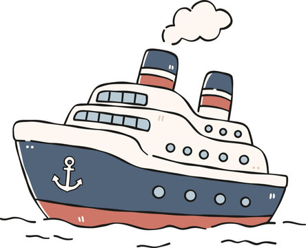 Large cruise ship ocean liner Clipart, Cute Nautical Ocean Marine Vector, Hand Drawn flat color Kids Nursery Sublimation Graphic Element