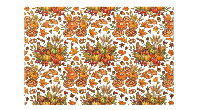 Seamless pattern with thanksgiving cornucopia, pumpkins, pastries, and autumn leaves isolated on transparent background