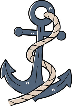 Rope wrapped ship anchor nautical symbol Clipart, Cute Nautical Ocean Marine Vector, Hand Drawn flat color Kids Nursery Sublimation Graphic Element