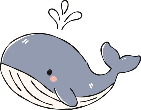 Cute spouting blue whale swimming Clipart, Cute Nautical Ocean Marine Vector, Hand Drawn flat color Kids Nursery Sublimation Graphic Element