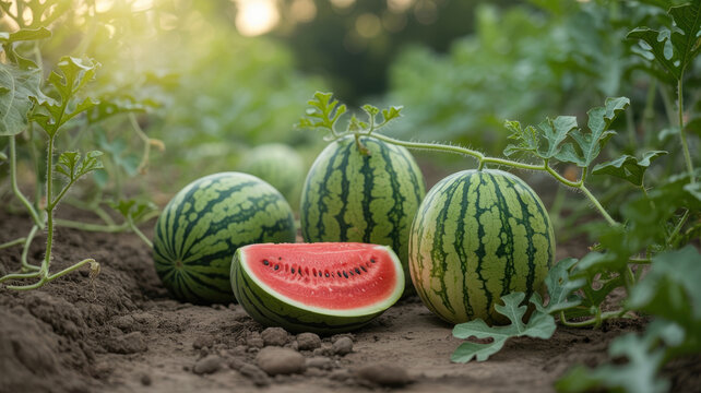 Fresh ripe watermelons growing in fertile soil under warm golden hour sunlight in summer garden with displays cluster fresh