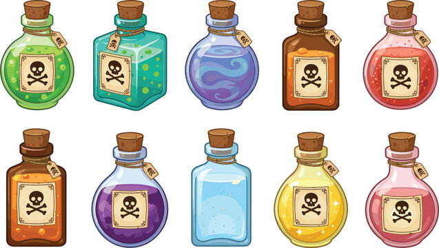 Magic potion bottle vector set with colorful witch chemistry flasks containing toxic liquid poison skull labels and spooky Halloween alchemy design elements