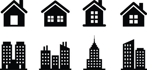 Vector icon set of real estate residential houses, urban city skyscraper buildings, corporate property silhouettes © Kaiyum
