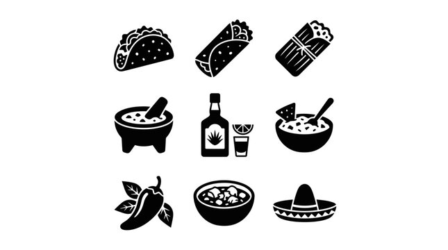 Mexican food and culture black icon set on white background