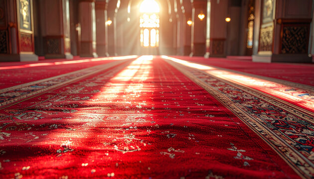 Sunlight streaming through grand architecture onto a red patterned carpet