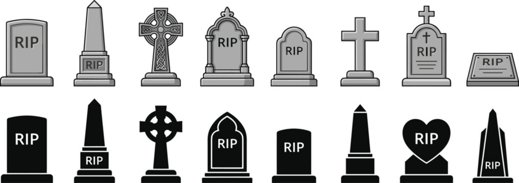 Halloween tombstone vector set featuring grave icons and cemetery headstone silhouettes with rip text celtic crosses and spooky monument graphic elements