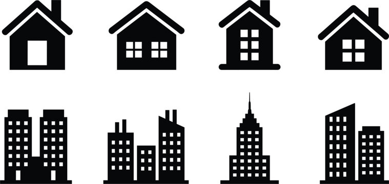 Vector icon set of real estate residential houses, urban city skyscraper buildings, corporate property silhouettes