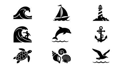 Obraz premium Nautical and ocean life black icon set.