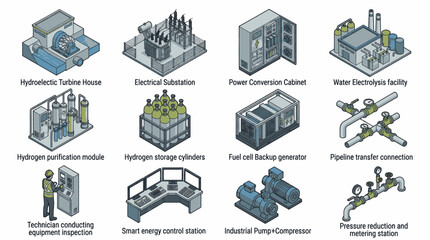 Collection of isometric icons representing various energy production and distribution components. © Imam