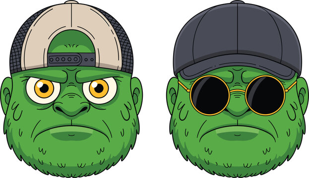 Vector illustration of angry green monster head, hairy gorilla character wearing baseball cap and sunglasses