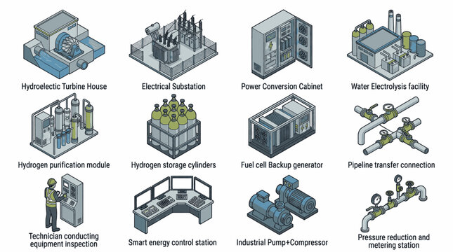 Collection of isometric icons representing various energy production and distribution components.