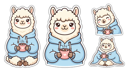 Fototapeta premium Cute cartoon llamas in cozy hoodies holding mugs of hot chocolate, perfect for stickers and designs.