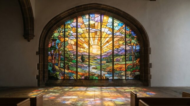 Sunlit stained glass window depicting landscape and sunrise casting colorful light