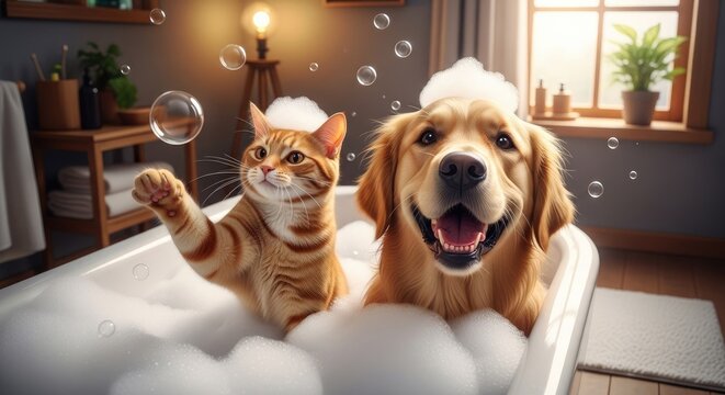 Cat and golden retriever dog in bubble bath.