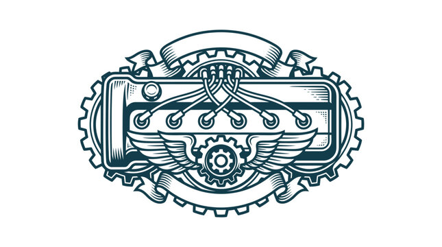 Vintage automotive engine valve cover emblem featuring mechanical gears, wings, and blank banners in a detailed monochromatic line art style for garage or workshop logo design.