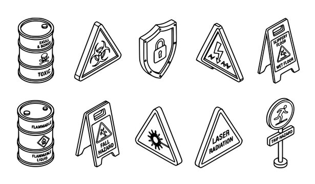 Isometric warning vector icons set with linear editable stroke caution sign graphics