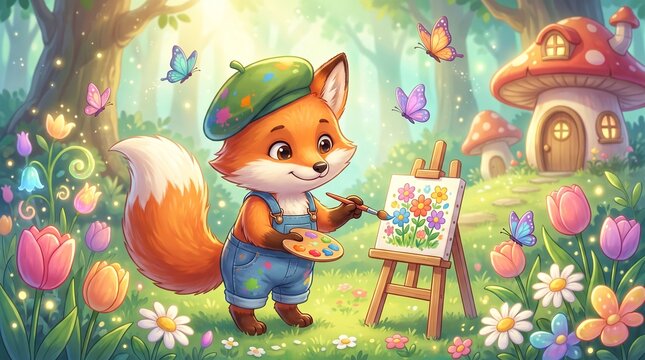 An adorable young fox happily painting colorful flowers on a canvas in a magical spring garden surrounded by butterflies, blooming tulips, mushrooms, and a charming fairy-tale cottage. 