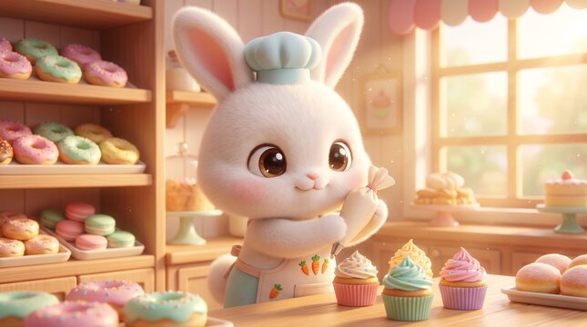 A lovable white bunny wearing a chef hat inside a charming bakery filled with freshly baked cupcakes, pastries, and warm morning sunlight. This delightful illustration is perfect for bakery branding.