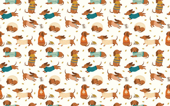 Seamless pattern with cute dachshund dogs wearing cozy sweaters and little mice, hand-drawn vector illustration on light background.