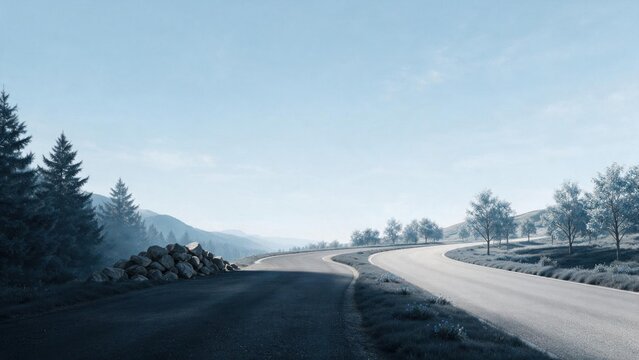 Blocked dark road and bright safe fallback route in a calm blue landscape with large sky copy space for recovery planning banner