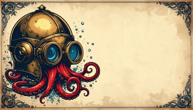 Vintage Steampunk Illustration of a Red Octopus in a Brass Diving Helmet with Large Goggles on Parchment Paper Background and Ornate Frame with Generous Copy Space