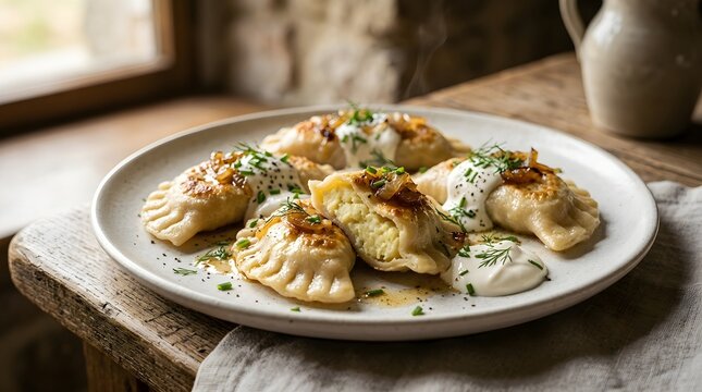 Homemade Potato Pierogi Dumplings Topped with Sour Cream, Caramelized Onions, and Fresh Dill on a Ceramic Plate